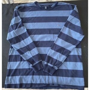 Tommy Hilfiger Shirt Mens 2XL Blue Striped Long Sleeve Crew Neck Logo Tee